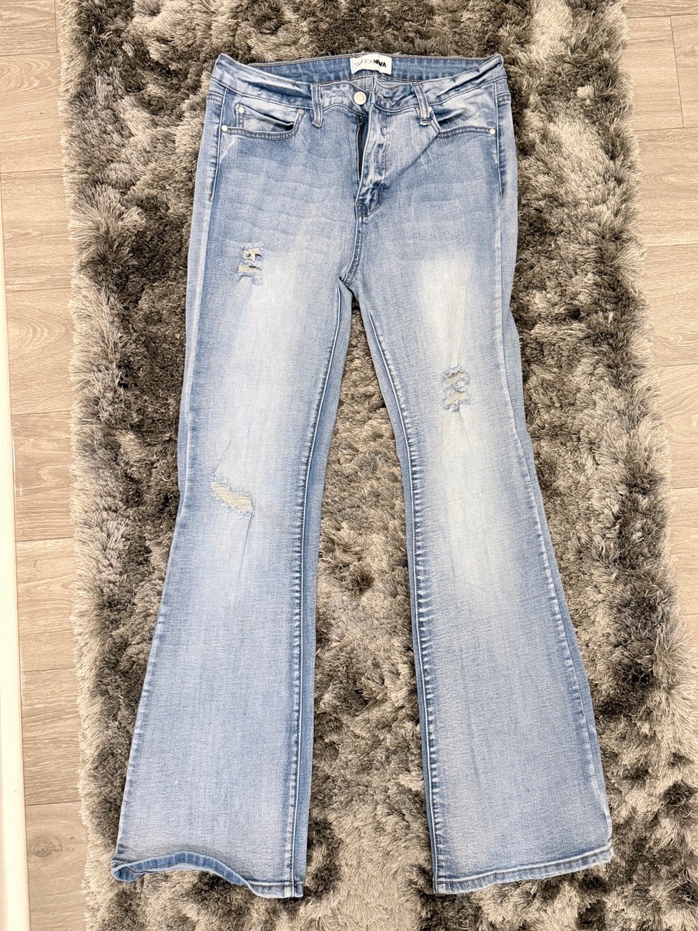 Fashion Nova Light Blue Distressed Flare Jeans